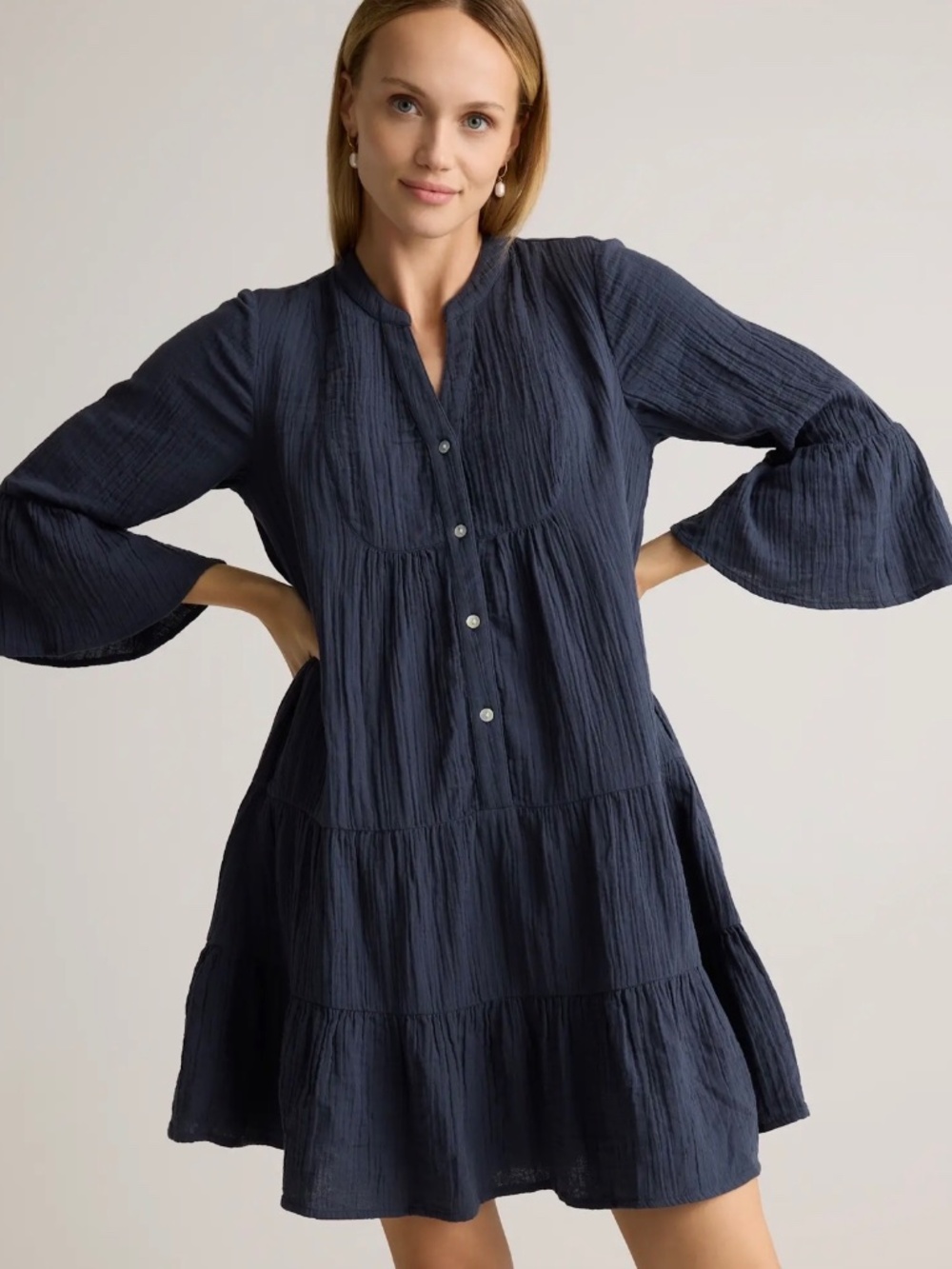 100% ORGANIC COTTON GAUZE LONG SLEEVE TIERED MINI DRESS